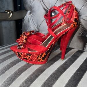 Crimson Python Queen: Bakers Strappy Red & Orange Rockstar Platforms 🐍🔥👠
